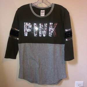 PINK Victoria's Secret Sequin Bling green & grey 3/4 sleeve top